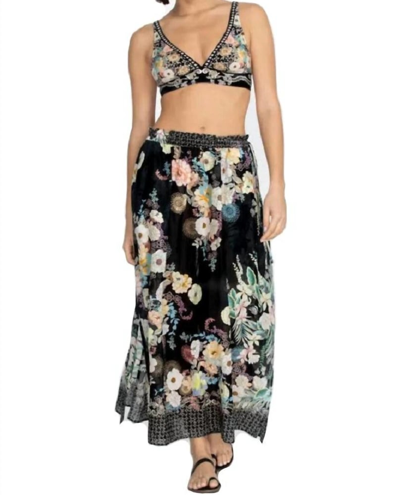 Front of a model wearing a size XL Side Tie Maxi Skirt in Multi in Multi by Johnny Was. | dia_product_style_image_id:339073